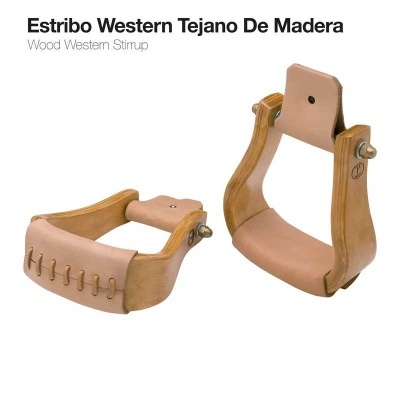Estribo Western Tejano De Madera em madeira e couro bege