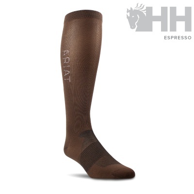 Meia alta castanha com texto 'ARIAT' em branco e logótipo 'HH ESPRESSO' cinzento ao fundo