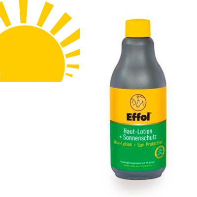 Frasco cinzento com tampa amarela e etiqueta amarela e verde da marca Effol com texto de proteção solar