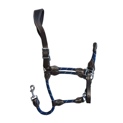 Cabresto para cavalo azul com couro preto e fivela metálica