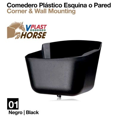 Comedouro plástico preto para canto ou parede com marca VPLAST HORSE