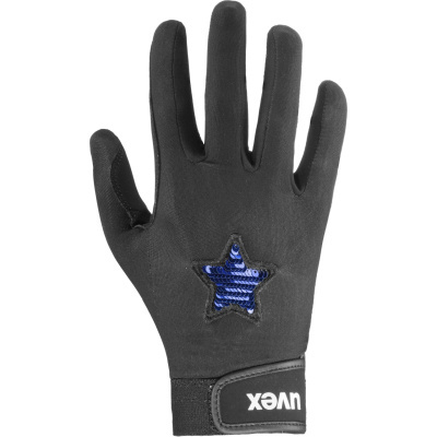 Luva preta com estrela azul em lantejoulas e fecho de velcro preto com texto branco