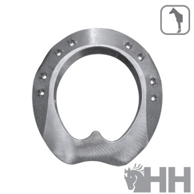 Ferradura metálica prateada com furos e logo HH cinza