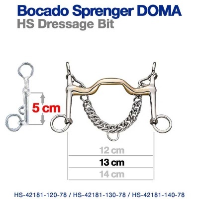 Bocado Sprenger HS Dressage Bit em metal com corrente e dimensões indicadas