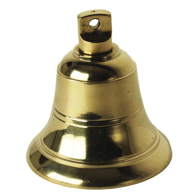 Campainha de metal dourado brilhante com suporte na parte superior