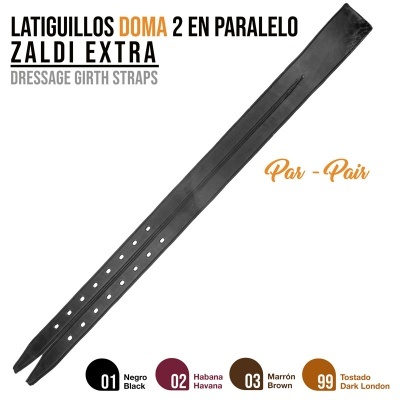 Latiguillos de doma negros Zaldi Extra hechos de cuero con ojales.
