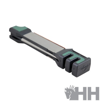 Afiador de facas portátil cinza e verde com três estágios e logótipo