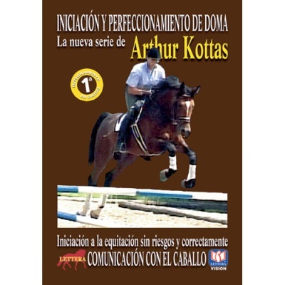 Capa de vídeo de equitação com cavalo e cavaleiro em salto e texto em espanhol