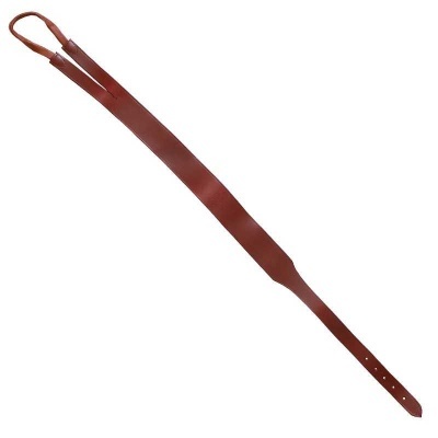 Correia de guitarra em couro castanho com furações e alça.