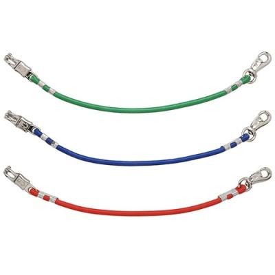 Três cabos de segurança coloridos com ganchos metálicos nas extremidades