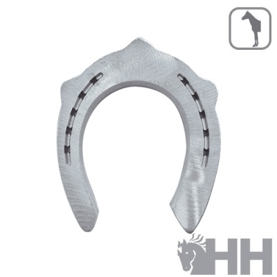 Ferradura metálica prateada com detalhes pretos e logo de cavalo cinzento