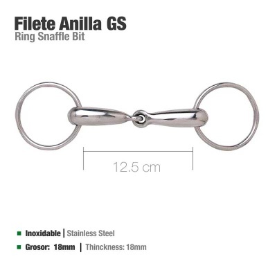 Bocado para cavalo Filete Anilla GS em aço inoxidável, 12,5 cm, 18 mm