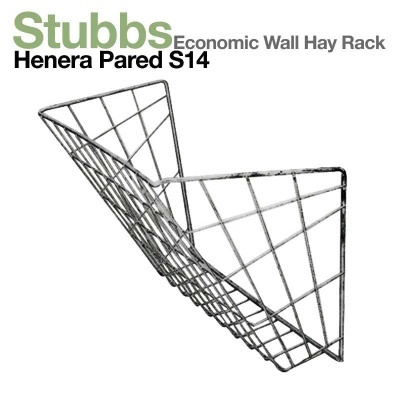 Suporte de parede para feno em metal cinzento com grelhas cruzadas e texto Stubbs Economic Wall Hay Rack