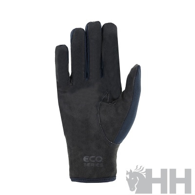 Luvas pretas com detalhes azuis e texto 'eco series'