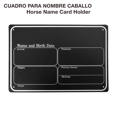 Placa preta para nome de cavalo com texto em branco e campos para preenchimento