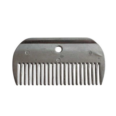 Pente preto pequeno com dentes grossos e três buracos arredondados na parte superior