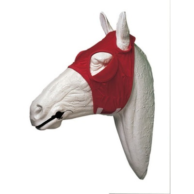 Máscara vermelha de cavalo com texto EQUITACIÓN