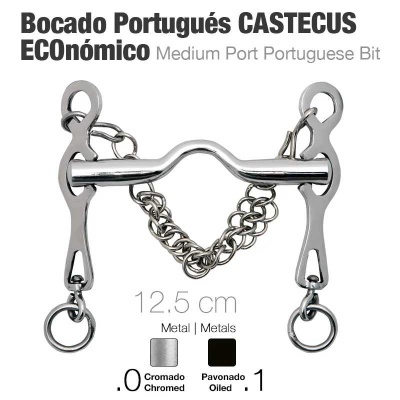Bocado português em metal cromado com corrente e argolas, 12.5 cm.