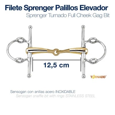Bocado de cavalo Sprenger Turnado Full Cheek Gag Bit em aço inoxidável e dourado, 12,5 cm.