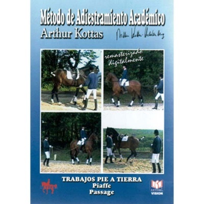 Capa de livro azul com fotos de cavalo e cavaleiro e texto em castelhano sobre adestramento académico.