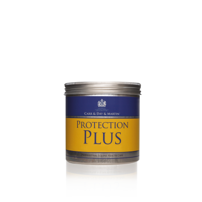 Recipiente azul e amarelo com tampa prateada rotulado Protection Plus