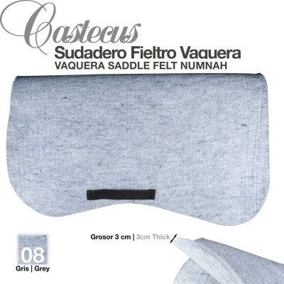 Manta vaqueira em feltro cinzento com texto na etiqueta