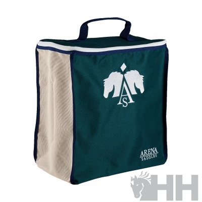 Bolsa para sela azul escuro e bege com logótipo e texto ARENA SADDLES