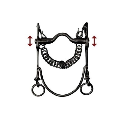 Freio de cavalo metálico preto com corrente e setas vermelhas