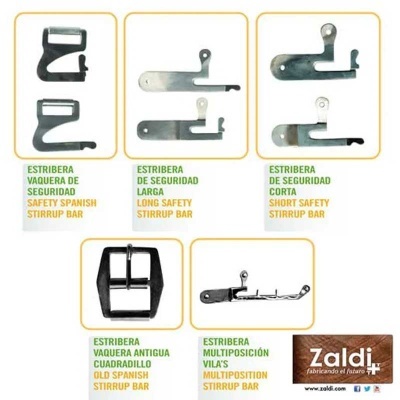 Vários tipos de estribeiras metálicas para equitação com descrições e logotipo Zaldi