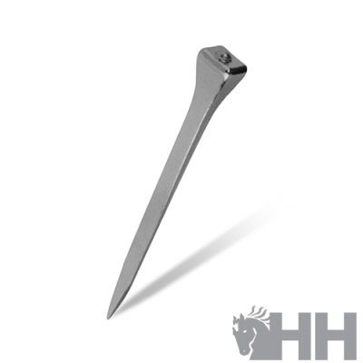 Prego metálico cinza com cabeça quadrada sobre fundo branco com logótipo HH