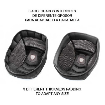 Dois acolchoados interiores pretos de diferentes tamanhos com texto em português e inglês acima