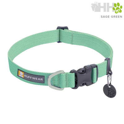 Coleira para cão verde-sálvia com fecho preto e etiqueta RUFFWEAR