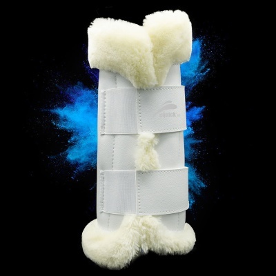 Protector de perna branco para equitação com forro de pelo sintético