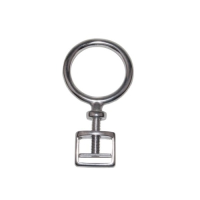 Objeto metálico prateado com anel circular e parafuso