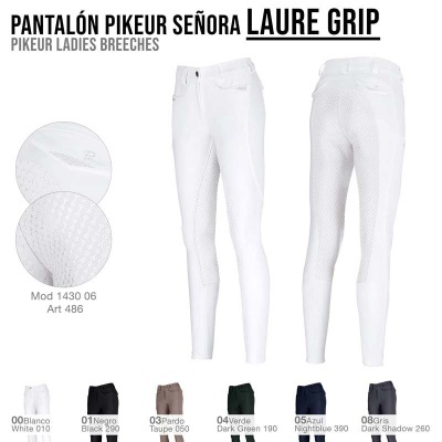 Calças de equitação femininas brancas Laure Grip Pikeur vistas de frente e costas com detalhes de tecido e texto de cores e códigos