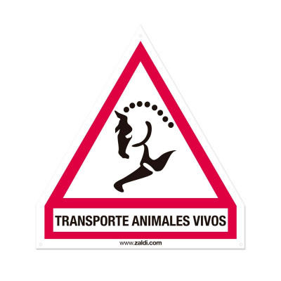 Placa triangular de transporte de animais vivos com cavalo preto e texto em espanhol