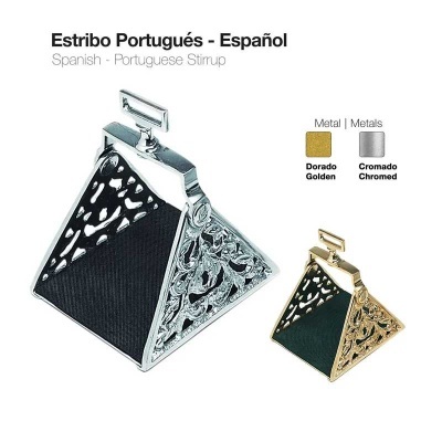 Dois estribos portugueses em metal dourado e cromado com base preta e padrão vazado decorativo