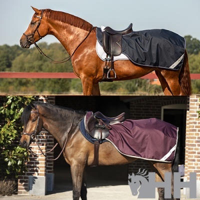 Dois cavalos com mantas de passeio, uma preta e outra bordô, com selas e bridas, em ambiente exterior e perto de parede de tijolo.