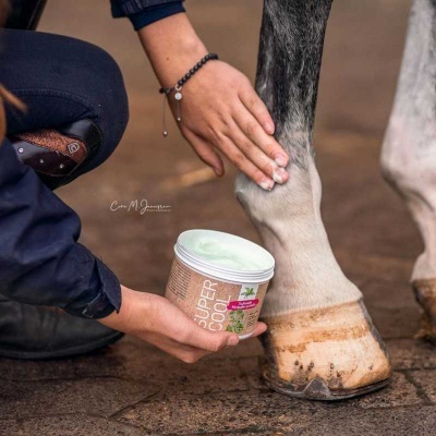Mão aplicando creme SUPER COOLER num casco de cavalo