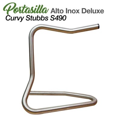 Suporte metálico curvo em aço inox para guitarra com texto promocional ao lado