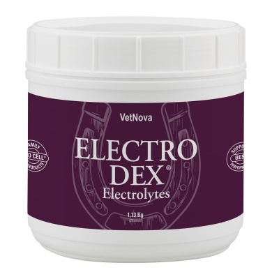 Frasco branco de suplemento VetNova ELECTRO DEX Electrolytes 1,13 Kg com etiqueta roxa