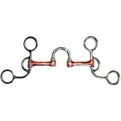 Mordida dupla em metal prateado e cobre com argolas e forma arqueada