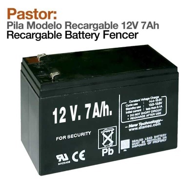 Bateria recarregável preta de 12 V 7 Ah com texto branco