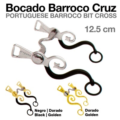 Bits para cavalo Bocado Barroco Cruz com design barroco em cores preto e dourado.