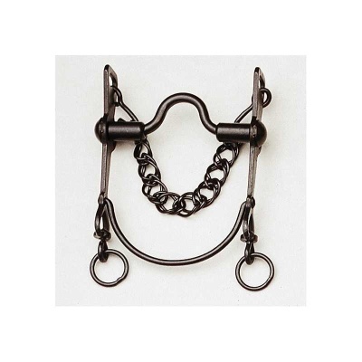 Freio metálico de cavalo com corrente e anéis em fundo branco