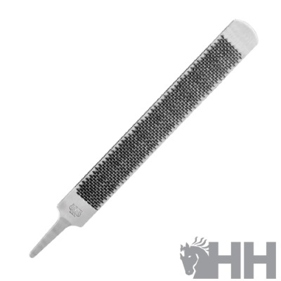 Pente metálico prateado com cabo branco e símbolo gravado no cabo