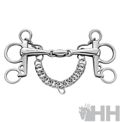 Freio metálico prateado com elos e corrente para cavalo.