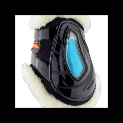 Proteção para casco de cavalo preta com detalhes azuis e forro branco