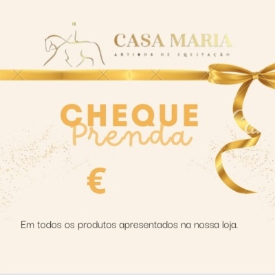 Voucher da Casa Maria com laço dourado e texto promocional em fundo creme