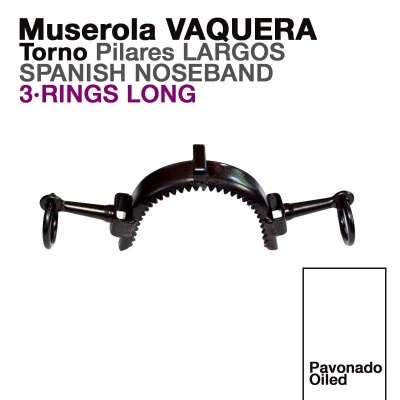 Muserola vaquera metálico com anéis grandes e dentes internos, texto explicativo em preto e roxo.